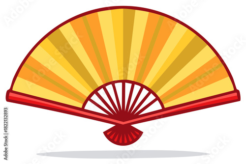 Open traditional Asian hand fan with yellow orange stripes vector illustration