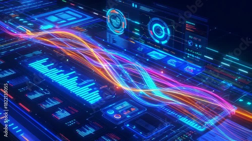 Abstract digital dashboard interface featuring dynamic neon light waves, HUD elements, and graphical charts representing data analytics, technology, and futuristic UI design concepts.
