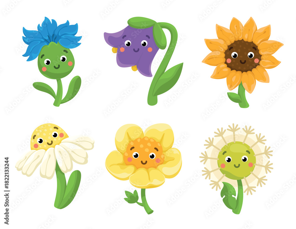 Obraz premium Vector illustration of beautiful flower characters. Children's illustration.