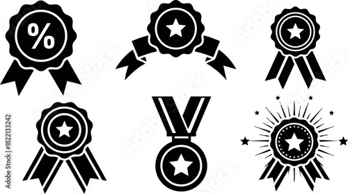 Black award ribbons and medal icons vector set with stars and percentage symbols for recognition and achievement