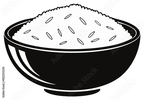 Monochrome illustration of a bowl filled with fluffy white rice, ready to eat.