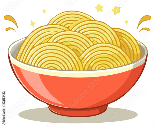 Vibrant Illustration of Delicious Ramen Noodles in a Red Bowl with Sparkles