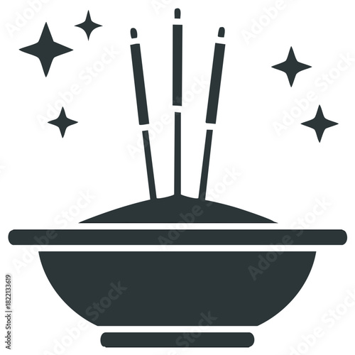 Incense Sticks in Bowl with Stars, Prayer Offering, Ceremony, Religion, Spirituality, Dark Glyph Icon Style
