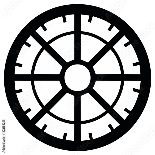 Geometric eight spoke wheel silhouette, a spiritual symbol of dharma and cycles