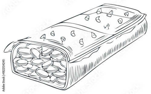 Sketch illustration of a burrito filled with beans, healthy fast food in takeaway packaging