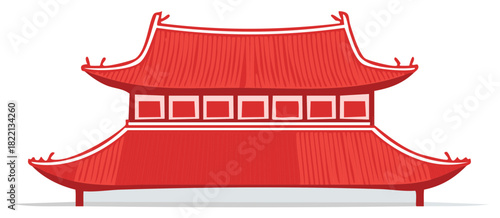 Traditional Red Asian Pagoda Temple with Tiled Roof Vector Graphic Illustration