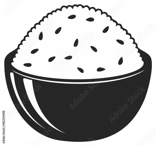 Rice Bowl Monochrome: Abundant mound of rice with seeds in rounded bowl icon; graphic symbol or design element for asian food