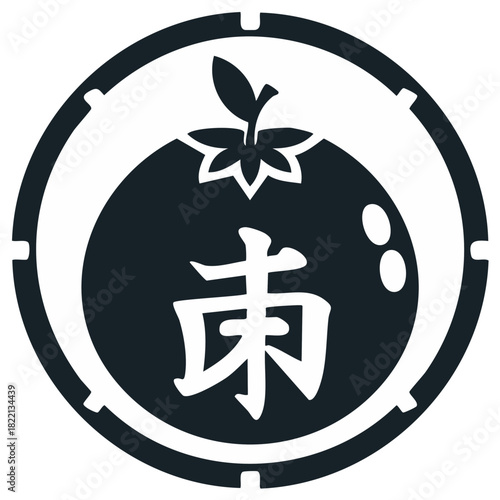 Japanese symbol design, round frame with stylized tomato and kanji character