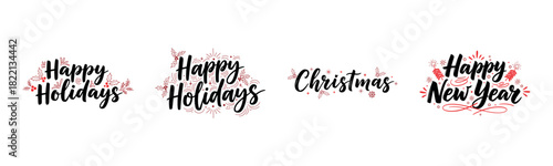 Merry Christmas, Happy Holidays, Happy New Year festive greeting with red holly berries, snowflakes, and elegant script set on transparent background