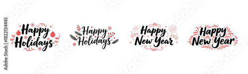 Merry Christmas, Happy Holidays, Happy New Year festive greeting with red holly berries, snowflakes, and elegant script set on transparent background