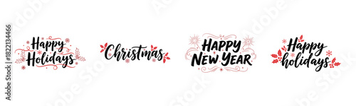 Merry Christmas, Happy Holidays, Happy New Year festive greeting with red holly berries, snowflakes, and elegant script set on transparent background