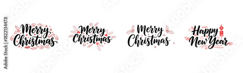 Merry Christmas, Happy Holidays, Happy New Year festive greeting with red holly berries, snowflakes, and elegant script set on transparent background