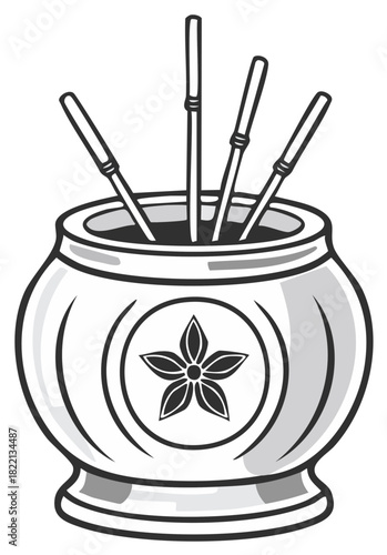 Traditional yerba mate calabash gourd with bombilla straws. Grayscale vector illustration of a South American tea drink.