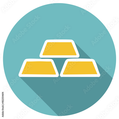 Three gold bars stacked and casting a long shadow, simplified flat design icon