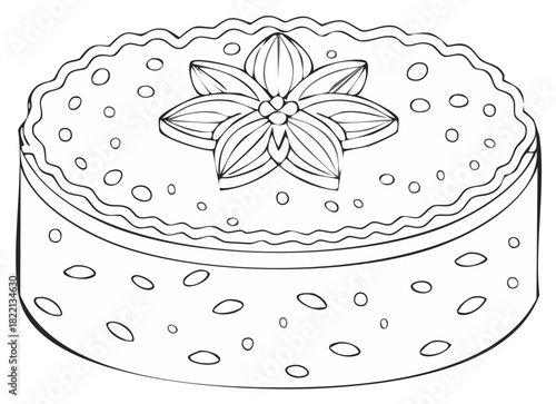 Outlined illustration of a decorated round cake with flower decor on top and circles.