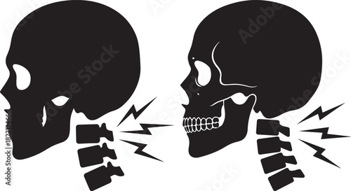 Two black skull silhouettes showing neck pain and spinal vertebrae silhouette