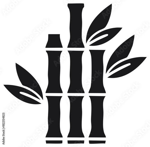 Black bamboo plant with leaves isolated on white background, vector illustration