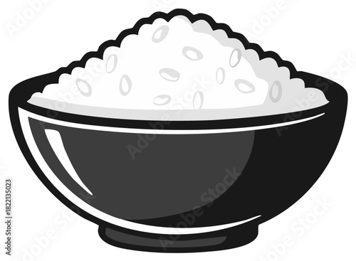 Freshly cooked white rice served in a black bowl graphic design