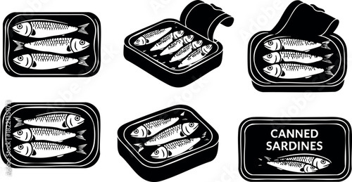 Black and white canned sardines vector illustration set with fish in tins and packaging isolated on white background