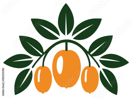 Stylized Fruit Branch with Leaves Vector Illustration, Agricultural Orchard Symbol, Organic Produce