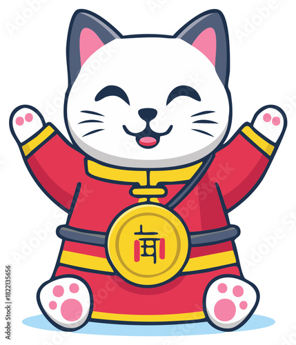 Cartoon Lucky Cat in Red Attire with Traditional Coin