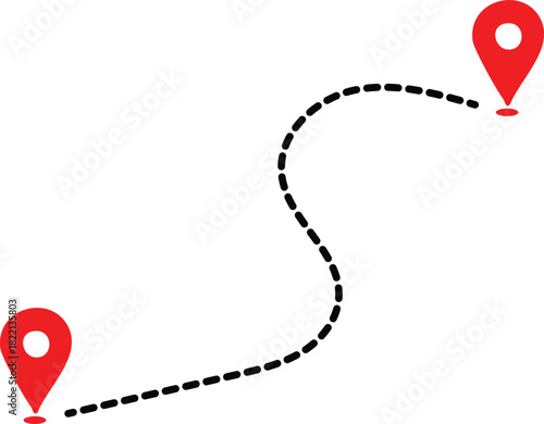 Map pins and dashed line route indicating travel or journey path