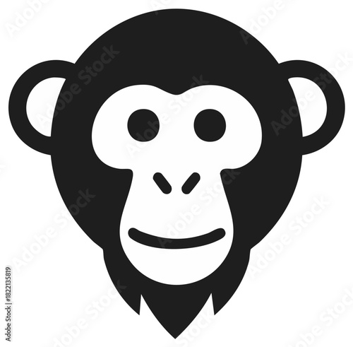 Minimalist black and white chimpanzee head icon illustration, simple monkey face graphic design element