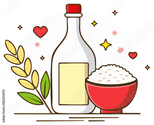 Rice bottle and bowl with decorative elements in a flat cartoon style
