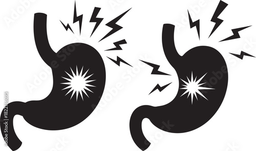 Two black silhouette stomachs showing pain and discomfort silhouette