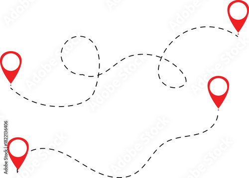 Multiple red map pins with dashed route lines, navigation concept