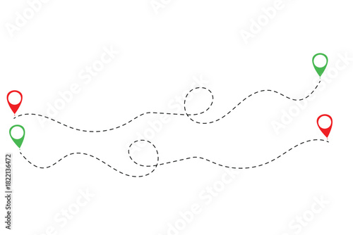 Dashed path with map pins showing route or navigation tracking