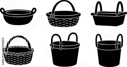Set of black basket icons different styles simple design for shopping and storage vector illustration