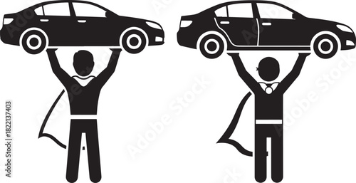 Two superhero silhouettes holding cars above their heads silhouette