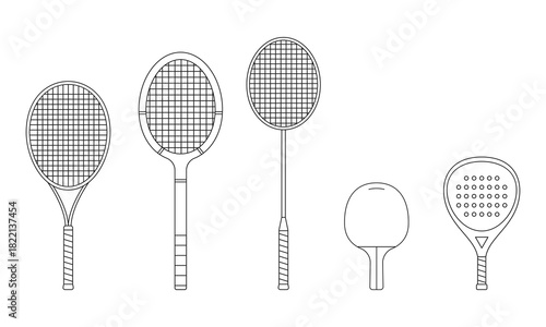 Various sports rackets tennis,retro tennis,badminton,table tennis,padel.Ideal for educational, design and infographic use.Line-art illustration isolated on white background.Racket icons set.EPS 10