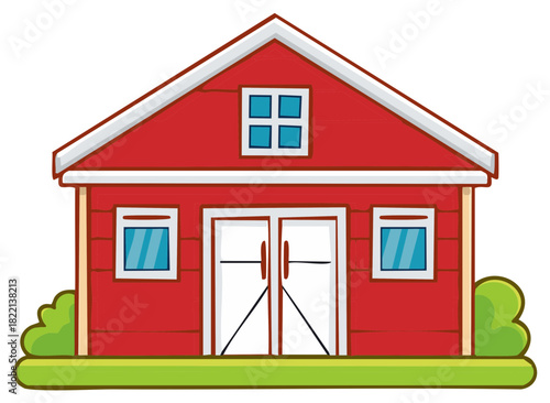 Vibrant red barn illustration with white trim, double doors, and symmetrical windows in a whimsical cartoon style rural scene.