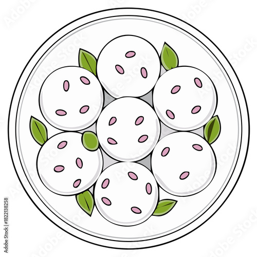 Top view illustration of sweet white mochi style dessert balls with pink seeds and fresh green leaves