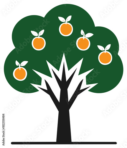 Cartoon tree with orange fruits, green foliage, and black trunk illustration