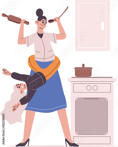 Irritated mother with active kid. Difficult child parenting