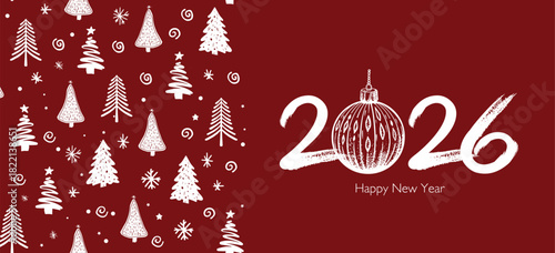 Happy New Year 2026 Greeting Card with tree on red	
