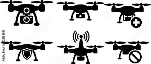 Drone icons set with security camera signals and restriction symbols vector illustration