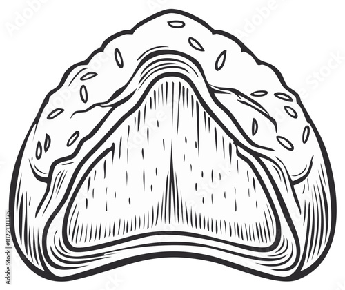 Vintage illustration of a filled savory pastry or bun with seeds in an engraving line art style