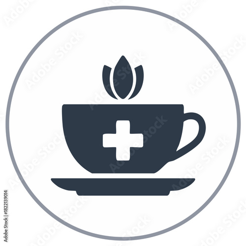 Herbal remedy tea cup with a medical cross and steam rising symbolizing wellness