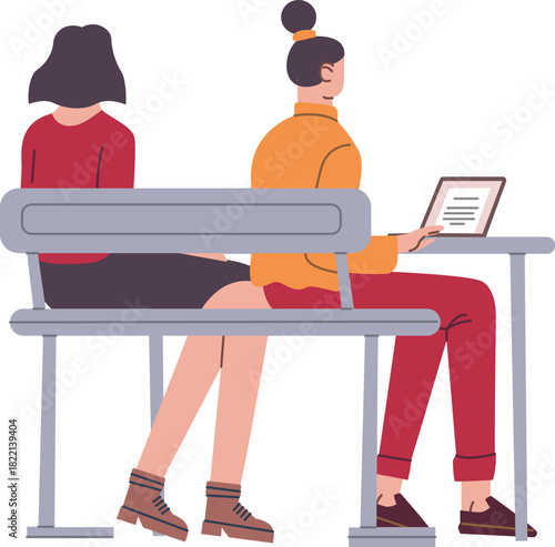 Student girls in a class sitting together and studying