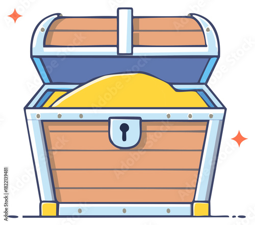 Sparkling Open Pirate Treasure Chest Full of Golden Treasure Vector Illustration