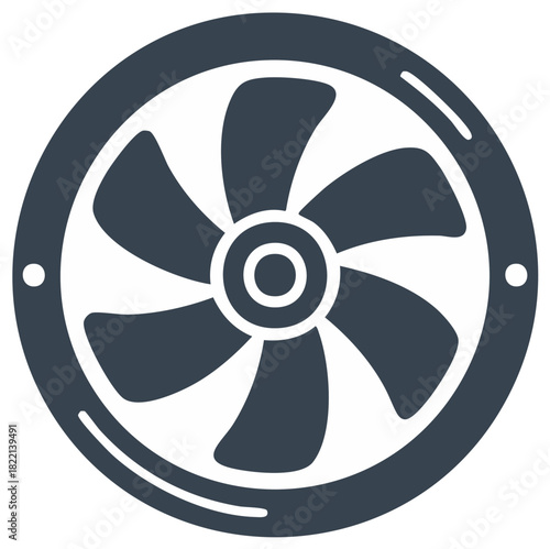 Simple dark fan icon with five blades in a round frame representing ventilation and air circulation