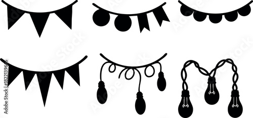 Black party garlands pennants bulbs festive decorations vector illustration silhouette