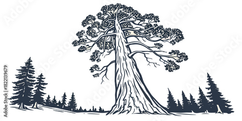 Sequoia Giant Tree Line Art Modern Vector – Contemporary California Landmark Illustration for Travel, Nature, and Lifestyle Graphics