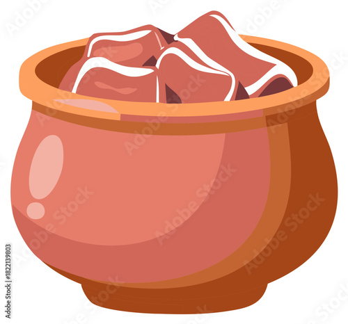 Stew meat chunks in clay pot cooking kitchenware preparation
