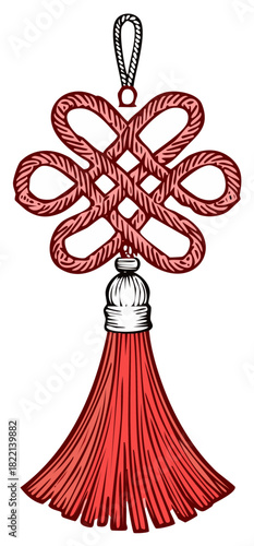 Red tassel ornament. Chinese knot style decoration for good luck. Isolated.