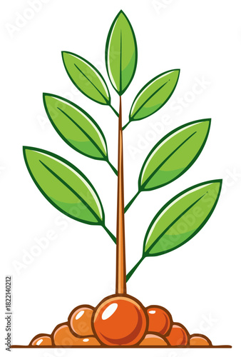 Simple cartoon illustration of a green plant sapling growing from a seed in the soil